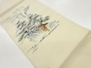 作家物　手織り紬手描き木々に寺院風景模様名古屋帯